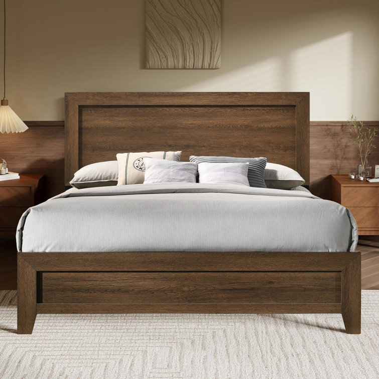 Esaiah Solid Wood Bed Frame with MDF Headboard and Footboard,Oak