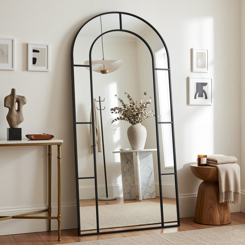Full Length Mirror, Floor Mirror Arched Window Pane Decorative Mirror, Metal Framed Decor Farmhouse Floor Mirrors Art Pane Mirrors Wall Decor