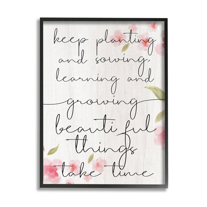 «Beautiful Things Take Time», art textuel, Giclée encadrée noir minuit, H 30 po x l 24 po