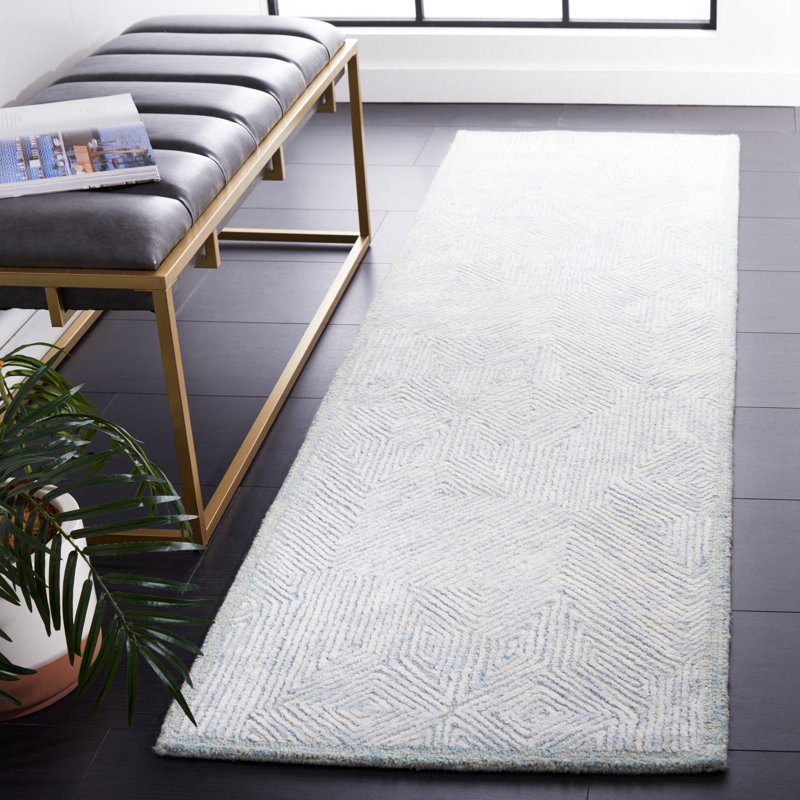 Galdamez Hand Tufted Viscose/Wool/Cotton Geometric Rug in Gray/Blue, Runner 2'3" x 8'
