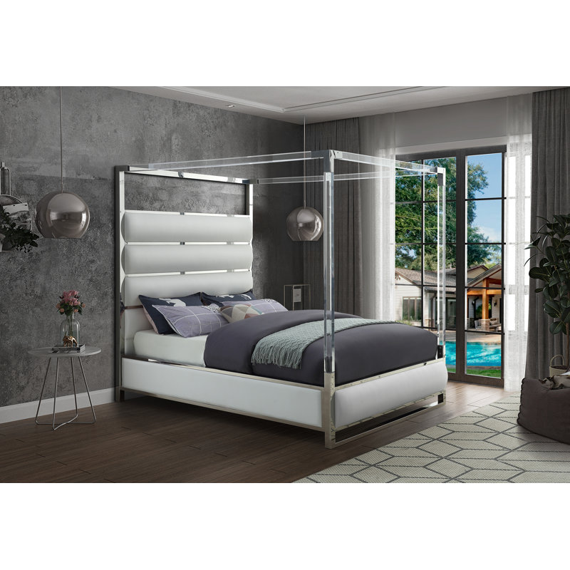 Niviarsiaq Upholstered Metal Canopy Bed, White Vegan Leather, King