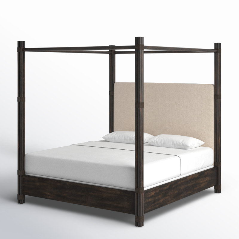 Retreat Pole Rattan Upholstered Poster Bed with Canopy, King, Dark Wood/Black Sand/Neo Cream