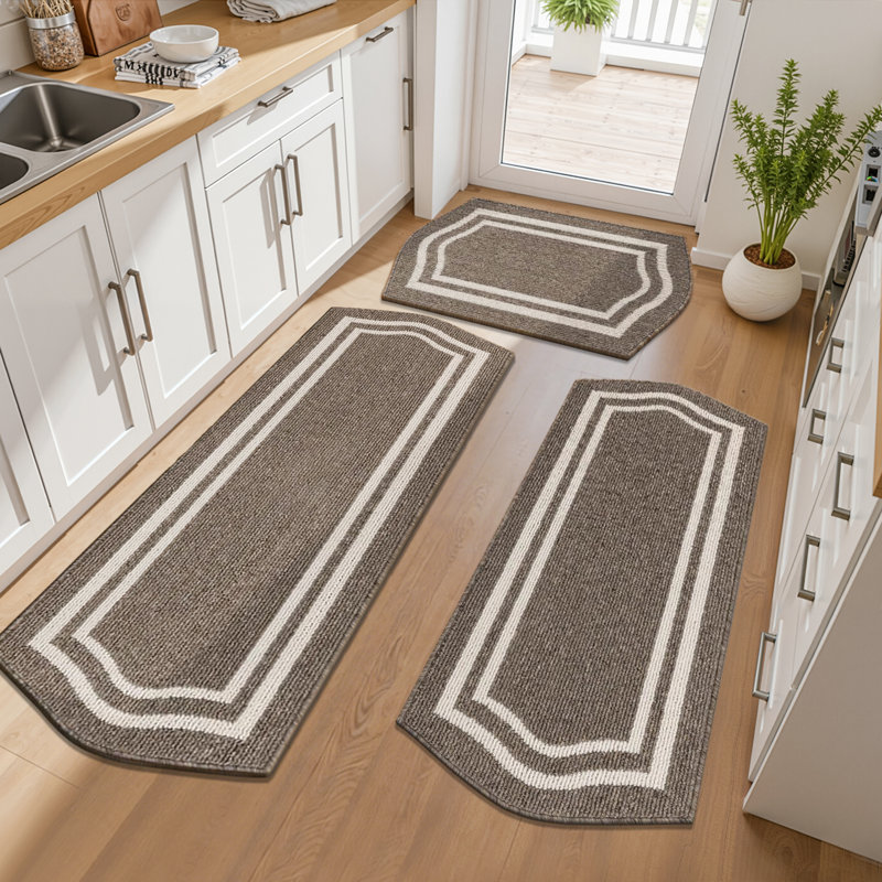 Farmhouse Kitchen Mats Non Slip Washable Boho Kitchen Rugs (Set of 3), Brown