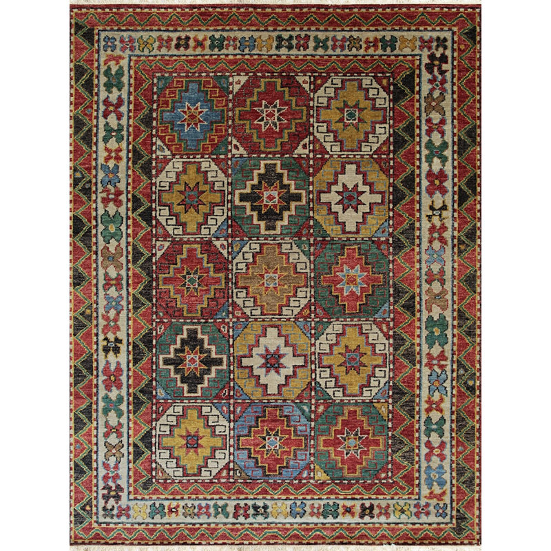 Tapis brun traditionnel en laine noué à la main 8 x 10 po Starburst