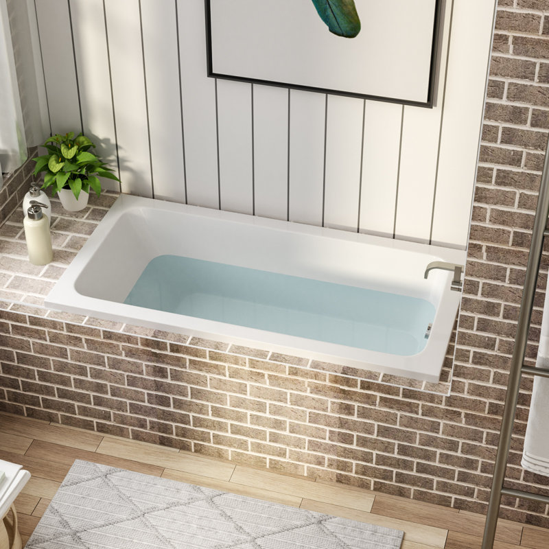 57" Rectangular Drop-In Alcove Bathtub Deep Soaking Acrylic Tub with Hand-Twist Drain and Heat Retention
