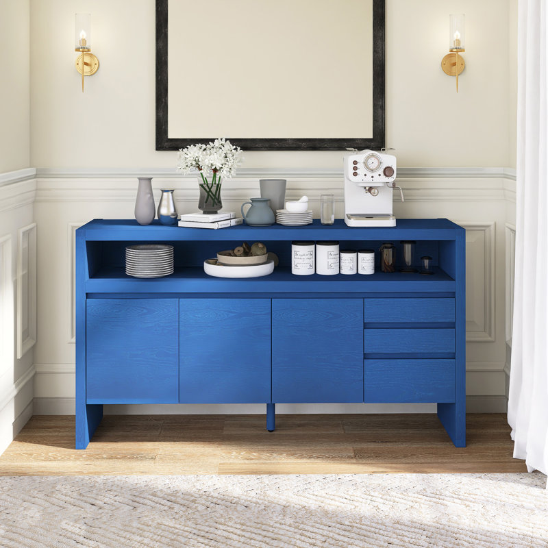 60" Wood Modern 3-Door Sideboard With Solid Wood Veneer, Navy Blue