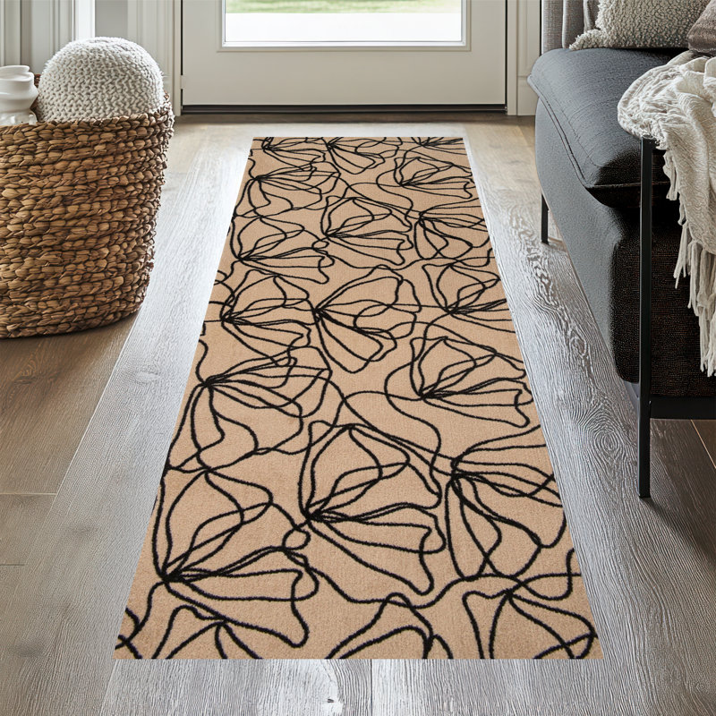 Poppies Black One-Piece Washable Runner, 28" W x 75" L, Tan;Black