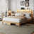Queen Size Platform Bed Frame with Rattan LED Headboard, Storage, Charging Station & Under Bed Storage, Natural Solid Wood, No Box Spring Needed-1056354585