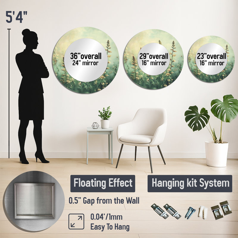 «Green Country Wildflowers Dream» - Art mural miroir décoratif floral - imprimé sur métal, 29 po x 29 po