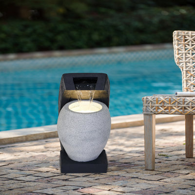 Fontaine à eau noire et blanche de 25,4 x 20,6 x 59,4 cm avec vase intégré, lumière et pompe, pour l'intérieur et l'extérieur.