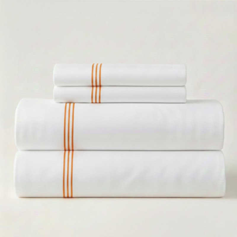 500TC Cotton Triple Embroidery Sateen Solid Cotton 4 Piece Sheet Set Fitted Sheet Fits Upto 16" Deep Pocket, Orange Border