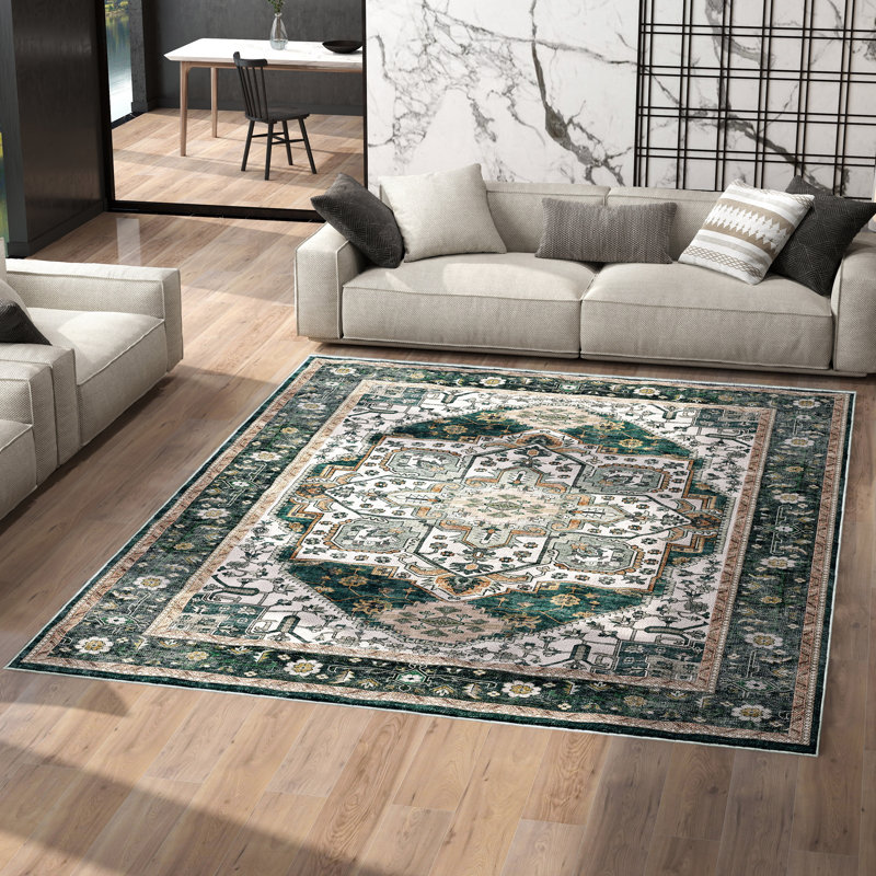 Anran Machine Washable Green Area Rug, Rectangle 5' x 7'