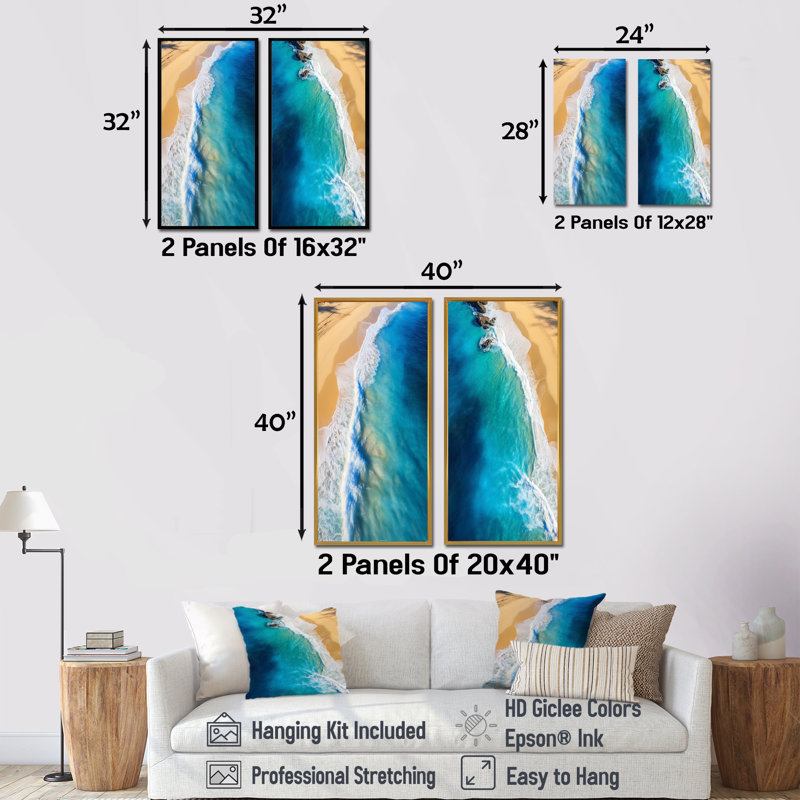 Blue Waves Aérien Beach Escape I - Ensemble de 2 décorations murales de plage côtière, Toile tendue, H 28 po x l 25 po