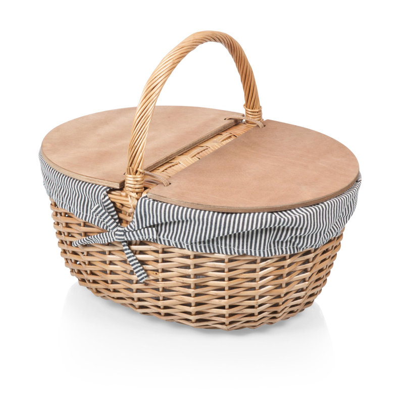 Navy Blue and White Stripe Wicker Picnic Basket with Wooden Lid
