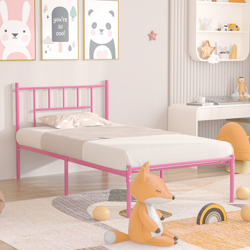 Cadre de lit simple, cadre de lit en métal avec tête de lit, lit plateforme en fer sans matelas ni sommier, Simple, Rose