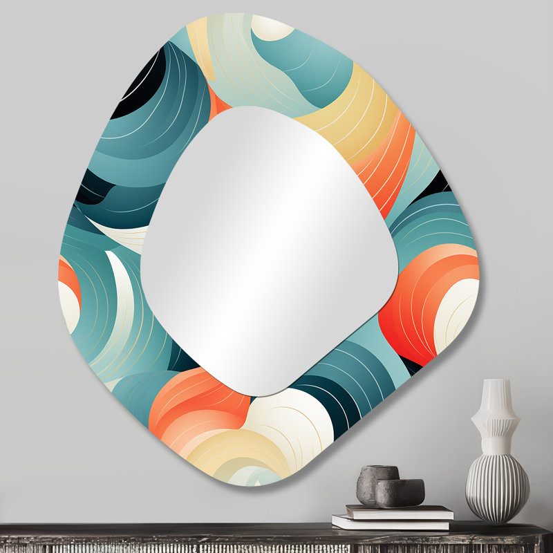 Orange And Green Geometric Ripples Patterns - Coastal Irregular Shape Unique Wall Mirror Decor, Orange Asymmetrical Large Mirror, Printed Metal Art