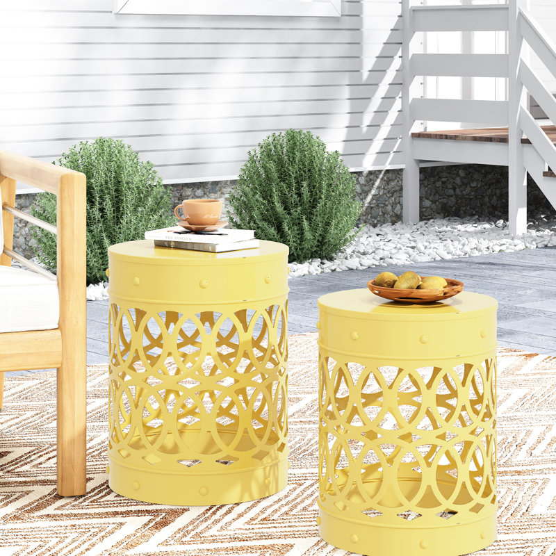 Modern Outdoor Metal End Tables In Yellow, Iron Cut Pattern, Powder-Coated Robustness, No Assembly, 13.85"W X 13.85"D 18.19"H & 12.00"W 12.00"D 16.00"H Frame,