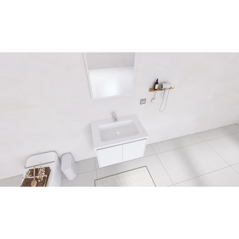 28" Floating Bathroom Vanity with Sink | Wall-Mounted Wood Cabinet, Soft-Close Storage & Ceramic Top, White, 28"