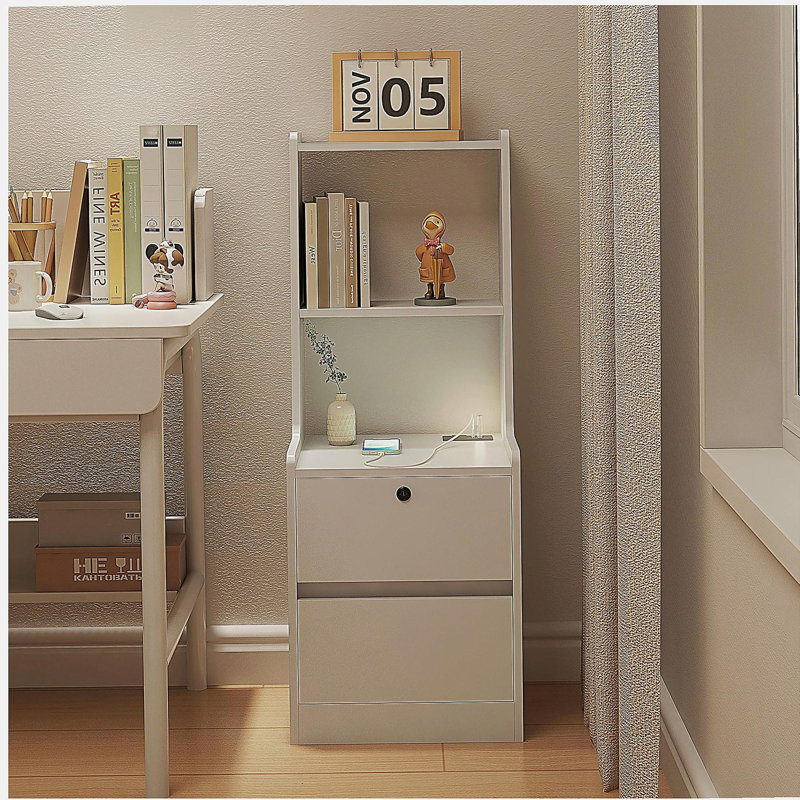 Table de chevet avec station de charge, table de chevet intelligente avec veilleuse, table de chevet moderne avec bibliothèque, chambre à coucher avec armoire de rangement, blanc