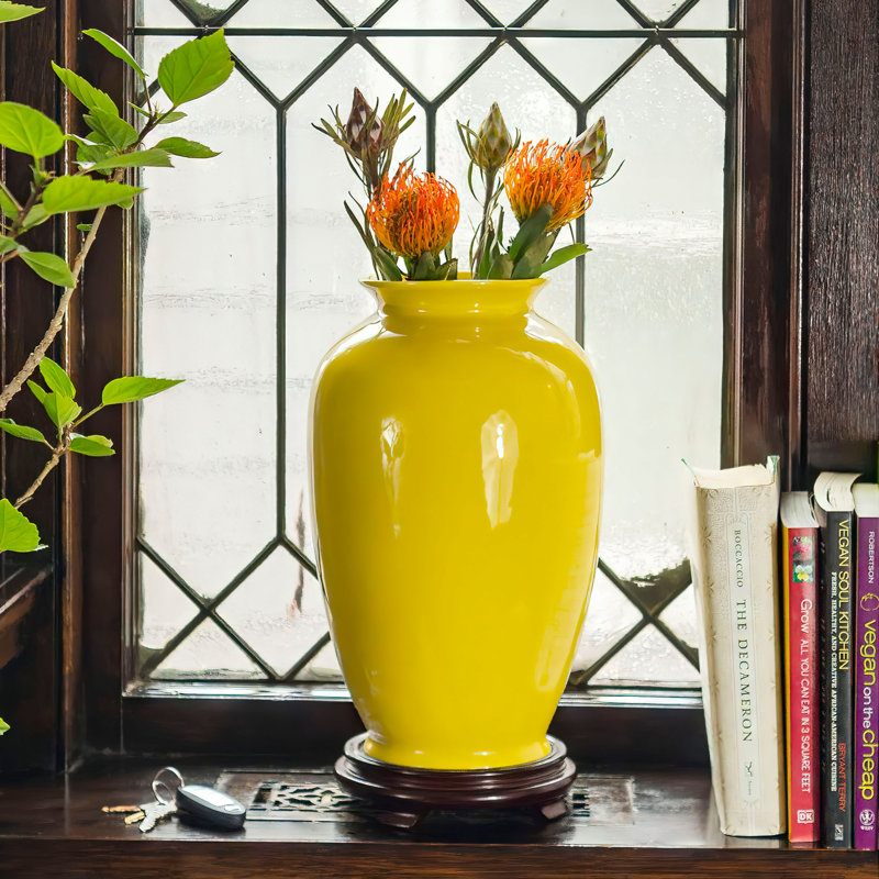 14" Bright Yellow Tung Chi Vase, Solid Yellow