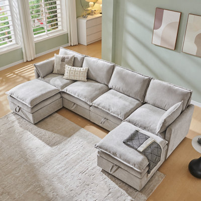 112.6" Modern Modular Sofa with Large Storage Space, Chenille Fabric U-Shaped Modular Sofa with Ottoman, Featuring Deep Seat Cushions and Throw Pillows