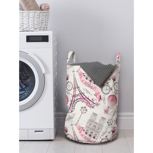 East Urban Home Ambesonne Eiffel Laundry Bag, Composition Floral Landmark Notre Dame Bicycle Air Balloon, Hamper Basket with Handles Drawstring Closure for Laundromat