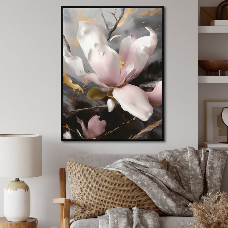 Rose magnifique Magnolias I - impression, H 32 po x l 16 po x P 1 po, Cadre flottant noir
