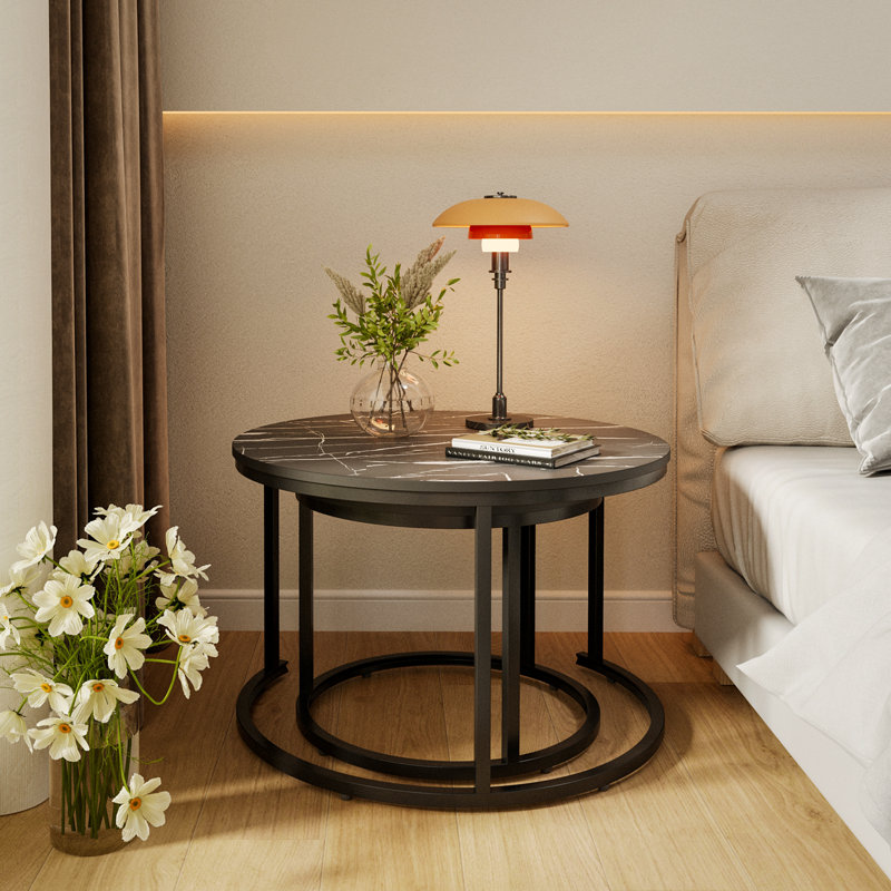 Top Nesting Coffee Tables, Round Living Room End Tables with Metal Base, Black, Black