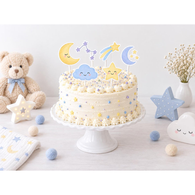 Décorations de gâteaux pour chambre d'enfant sur le thème de la lune et des étoiles, figurines de gâteau célestes bleu lilas pour fête prénatale, pics en carton