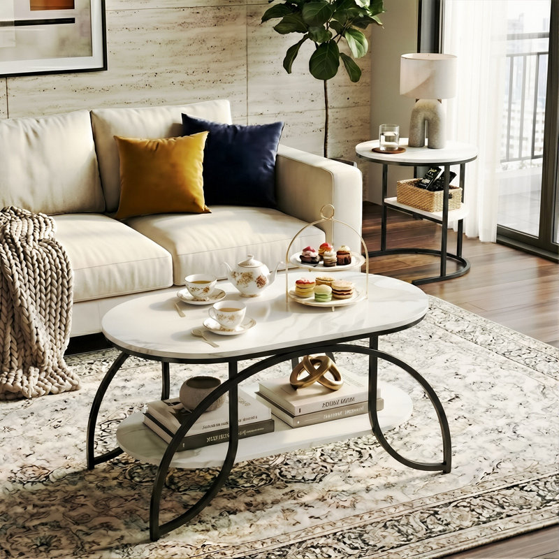 Oval & Round Nesting Coffee Tables (80+52Cm), High-Low Marble Effect Duo With 4-Tier Storage, Black