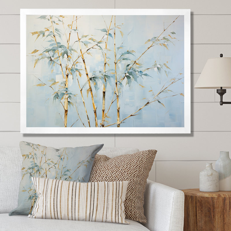 «Blue Zen Moment», art mural en bambou, H 16 po x l 32 po x P 1 po, Cadre blanc