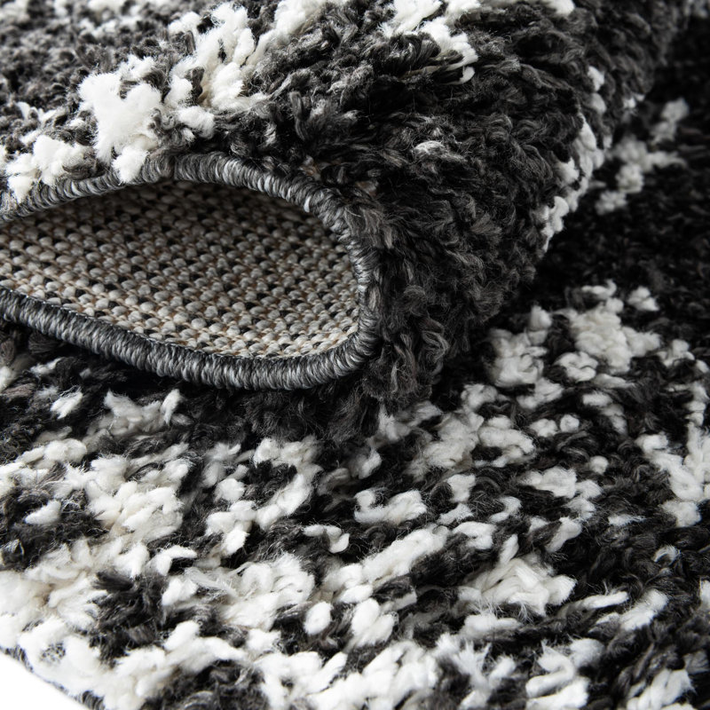 Tapis noir / blanc à motif abstrait Rodney, Rond 10 pi