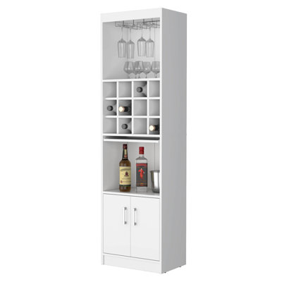 White Bar Cabinet For Wine Arrangement And Display System - 15 Shelves, 2 Doors, Engineered Wood Spacious Storage, 85.72 Lb,