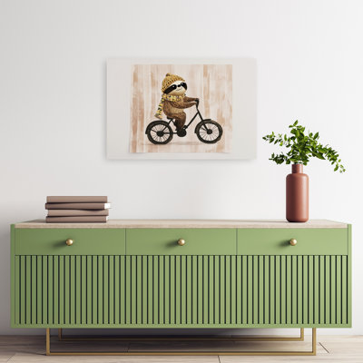 «Happy Sloth Riding Bike Playful Whimsical Contemporary Animal Winter», reproduction d'art mural