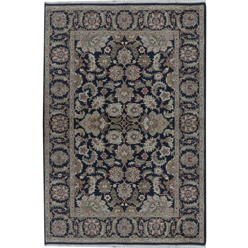 Wool Oriental Area Rug in Black/Ivory/Green