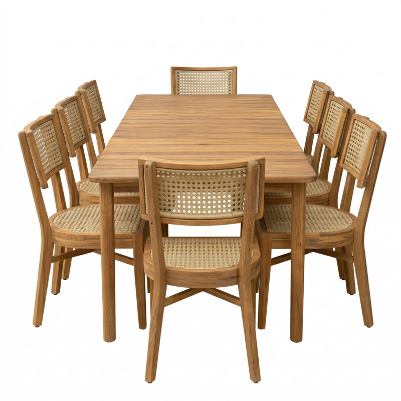 Eastmane 8-Person Modern Coastal Sustainable Acacia Wood Outdoor Dining Set With Pe Wicker Chairs