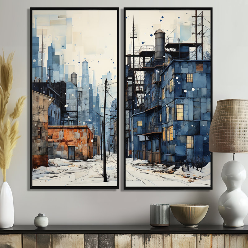 Warehouse Industrial Dots - Art mural industriel 2 panneaux, 32" H x 32" W, Impression encadrée flottante, Black