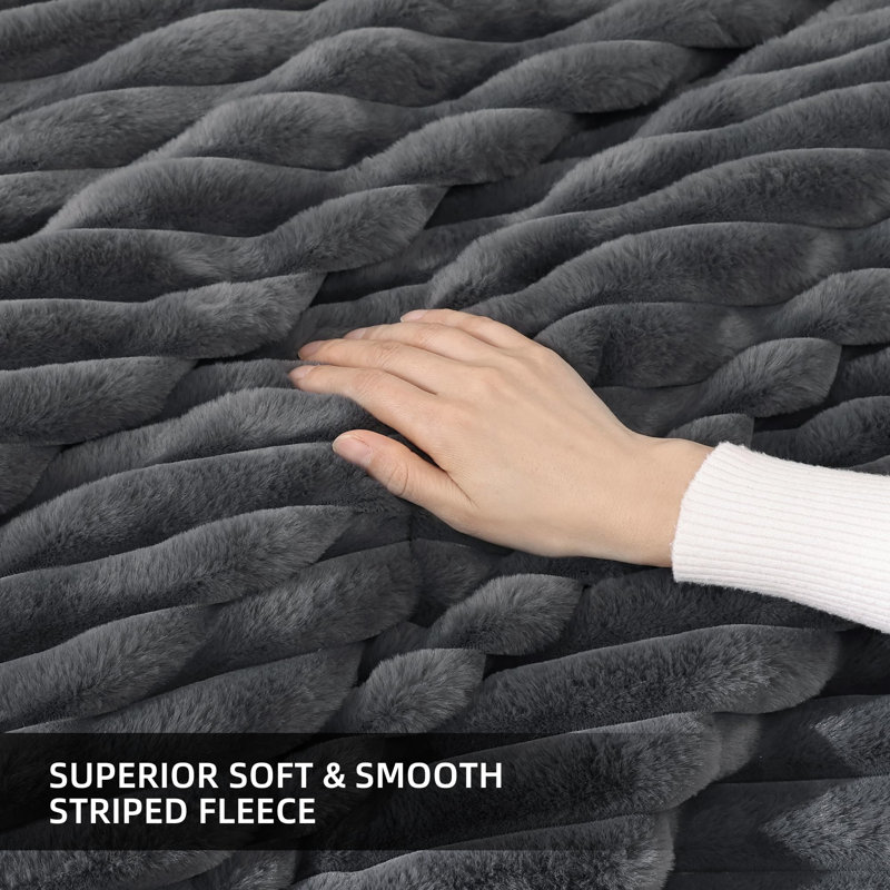 Fluffy Comforter Set 3 Pieces- All Seasons Heavy Faux Fur Comforter With Two Pillowcases, Dark Grey
