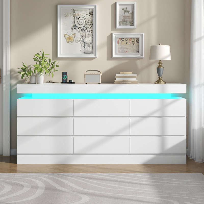 White 9 Drawers Dresser For Bedroom With Charging Station And LED Lights, White