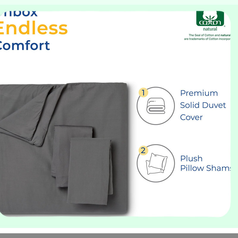 Luxury Sateen Cotton Duvet Set - Dark Grey Queen - 600 Thread Count Comforter Cover with Zipper Closure and Pillow Shams - 100% Pure Cotton