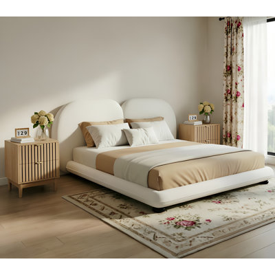 3-Piece King Bedroom Set,1 Boucle Bed with Light and 2 Mid-Modern Style Nightstands