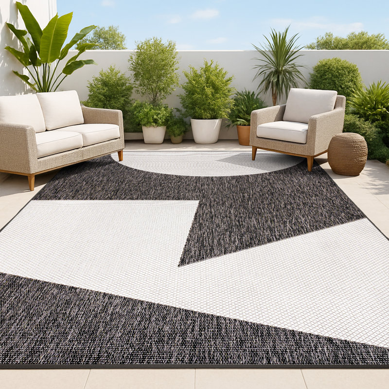 Orbie Modern Geometric Abstract Two-Tone Black/Cream Indoor/Outdoor Rug, Rectangle 7'10" x 10'