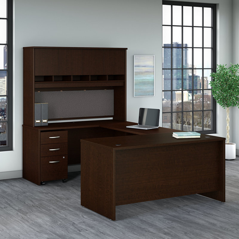 Series C 60W U Shaped Desk with Hutch and Mobile File Cabinet, Mocha Cherry
