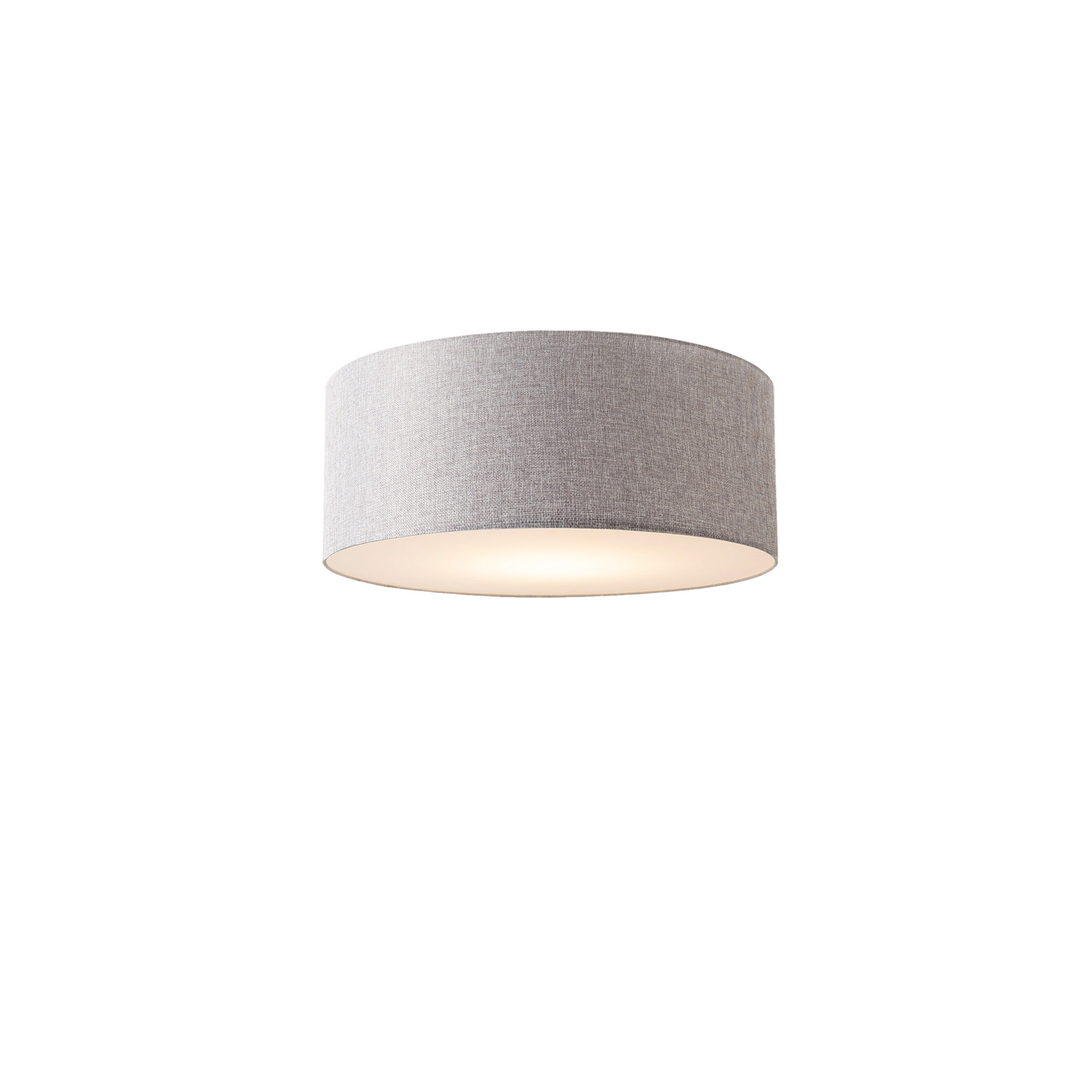 Stretch Flush Mount, 22" White Linen Drum Shade, Satin Nickel, Dimmable, Cashmere Gray