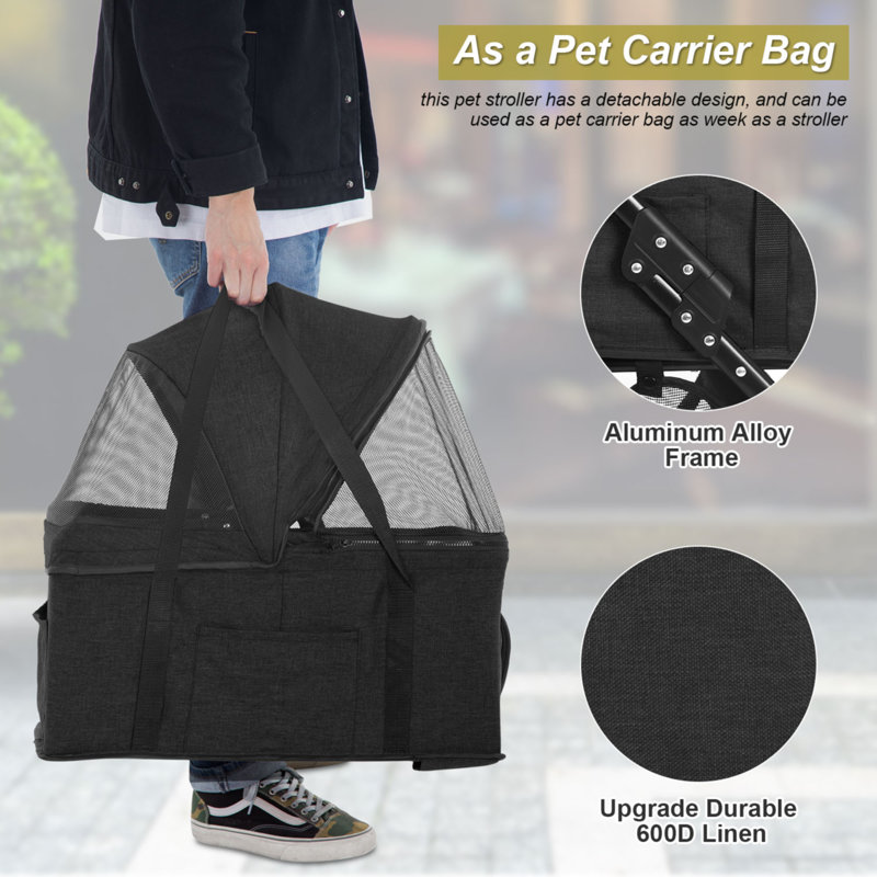 Black Linen and Stainless Steel Pet Stroller with Detachable Carrier