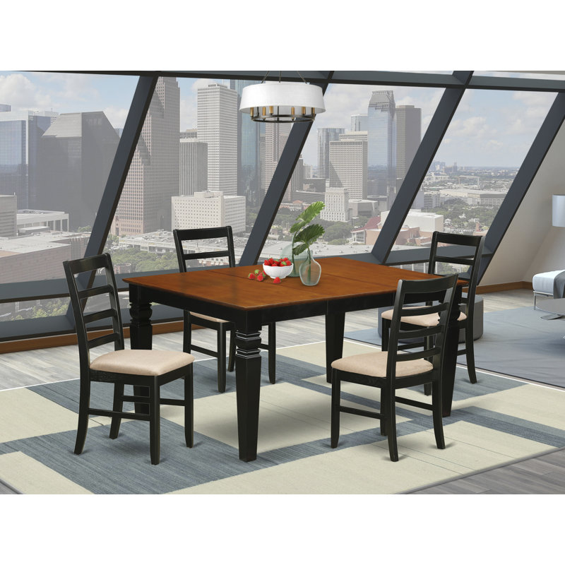 5 Piece Dining Set Includes a Rectangle Dining Room Table with Butterfly Leaf and 4 Linen Fabric Kitchen Chairs, Black & Cherry