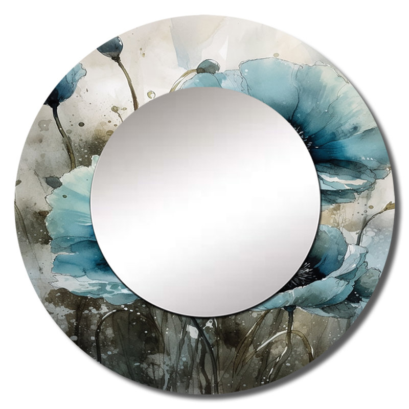 Fleurs de pavot bleu pâle et blanc II - miroir décoratif coquelicots, miroir mural rond traditionnel, impression d'art en métal