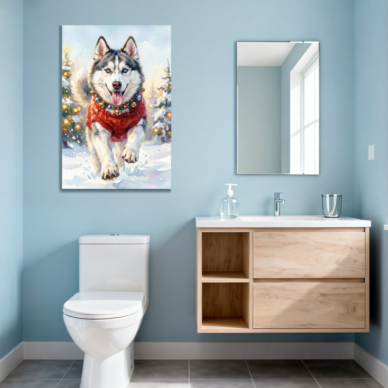 Animaux Husky portant un chandail rouge dans une scène de Noël enneigée, H 40 po x l 28 po