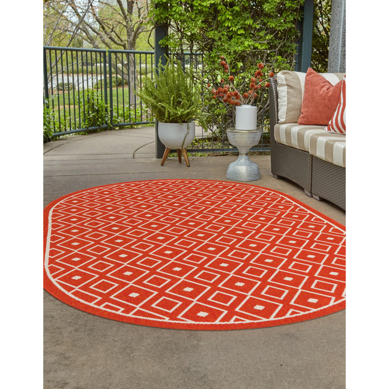 Outdoor Preen Area Rug Red Ivory Color, Oval 5'3" x 8'