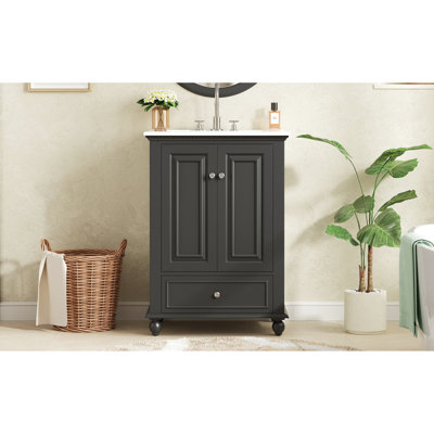 Meuble-lavabo noir avec lavabo en céramique de 24 po, armoire en bois massif, fonction de fermeture en douceur et fonction anti-déversement avec tablette réglable de 24,4 po de profondeur, organisateurs de porte, portes fermées